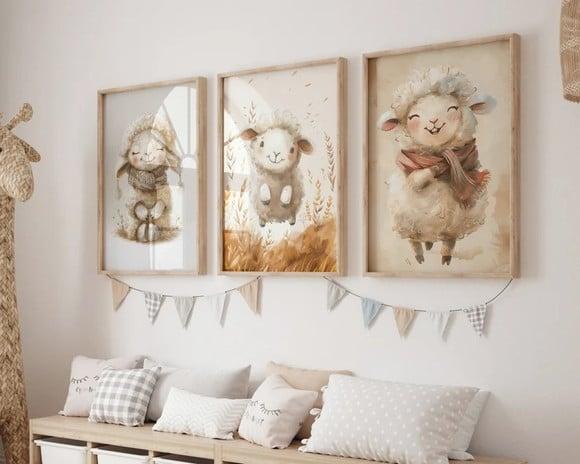 Kit 3 Quadros Decorativo Moldura Ovelha Fofo Maternidade A3