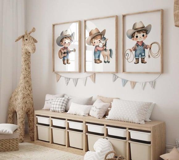 Kit 3 Quadros Decorativo Moldura Menino Fazendinha Cowboy A3