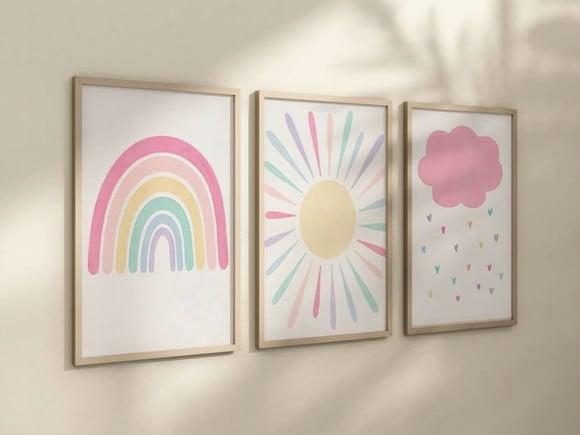 Kit 3 Quadros Boho Arco-iris Sol Nuvem Infantil Decora