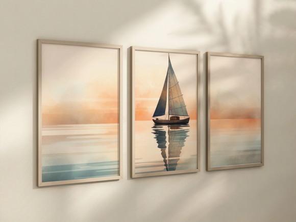 Kit 3 Quadros Decorativo Barco Mar Aquarela Decoração