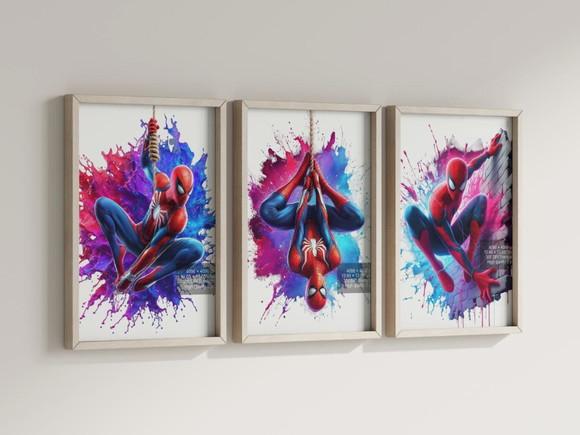 Kit 3 Quadros Decorativos Moldura Homem Aranha Aquarela