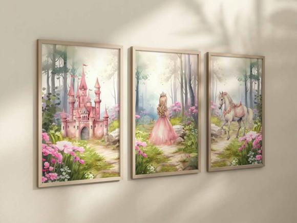 Kit 3 Quadros Decorativos Princesa Cavalo Castelo A4