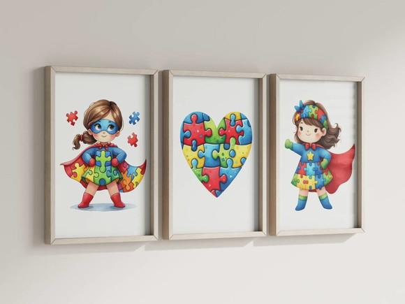 Kit 3 Quadros Decorativos Moldura Consciência Autismo Menina