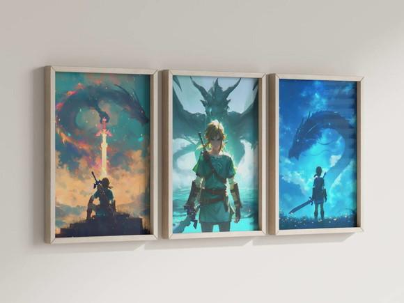 Kit 3 Quadros Decorativos Moldura Zelda Link Gamer D