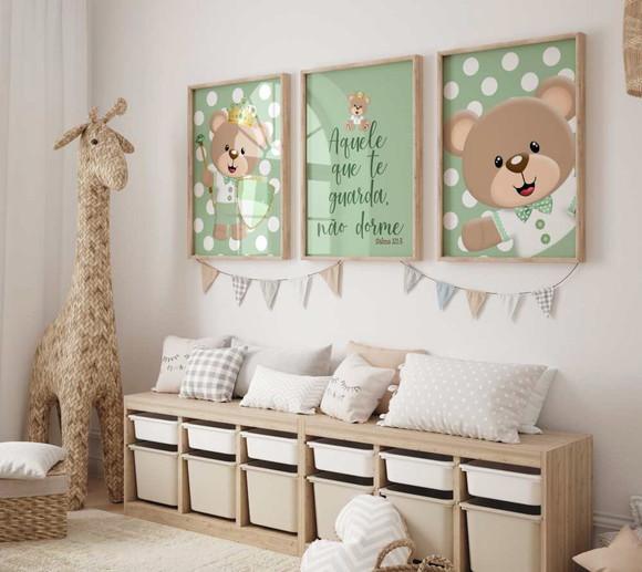 Kit 3 Quadros Decorativo Moldura Ursinho Príncipe Verde A3