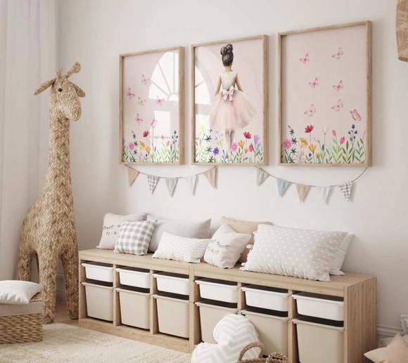 Kit 3 Quadros Decorativos com Moldura Bailarina Menina Balé