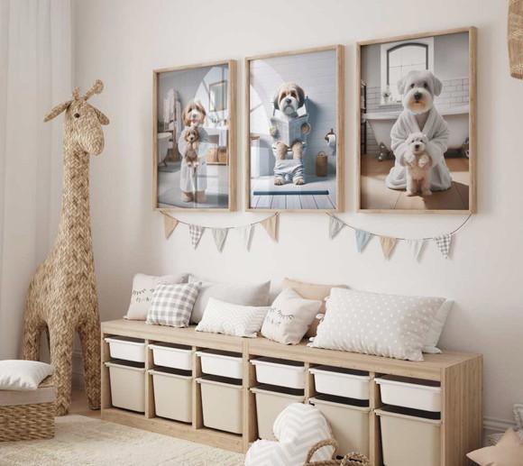 Kit 3 Quadros Decorativo Moldura Cachorro Banheiro A3