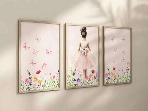 Kit 3 Quadros Decorativos com Moldura Bailarina Menina Balé