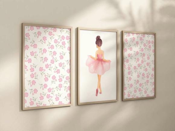 Kit 3 Quadros Decorativos com Moldura Bailarina Menina Balé