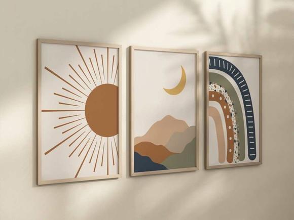 Kit 3 Quadros Decorativos Boho Sol Arco-íris Lua A4