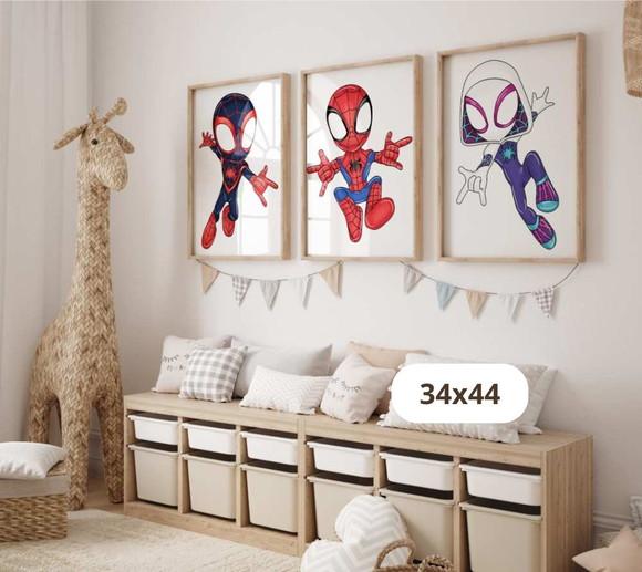 Kit 3 Quadros Decorativos Moldura Homem Aranha Aquarela A3