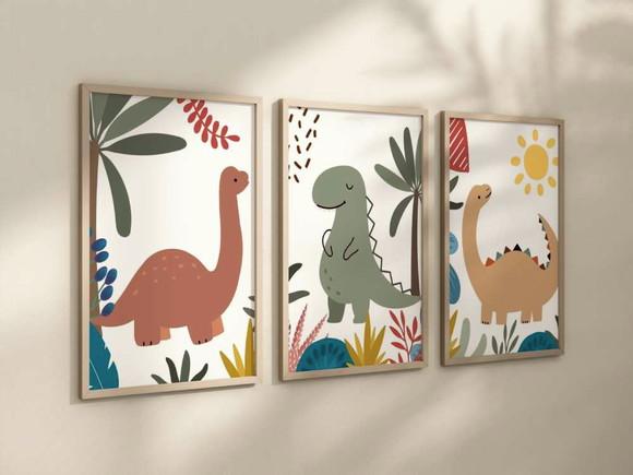 Kit 3 Quadros Decorativos Dinossauro Berçário A4 24x34