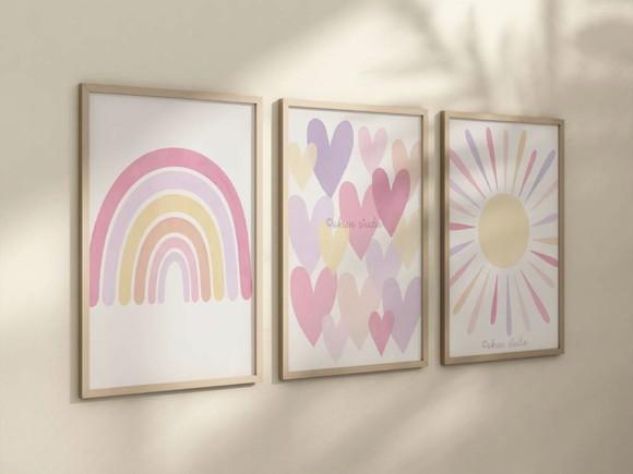 Kit 3 Quadros Boho Arco-iris Coração Sol Infantil