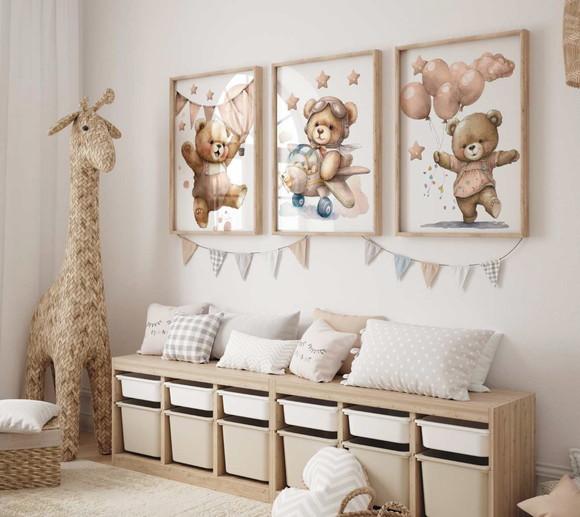 Kit 3 Quadros Decorativos Moldura Ursinho Pelúcia Marrom A3