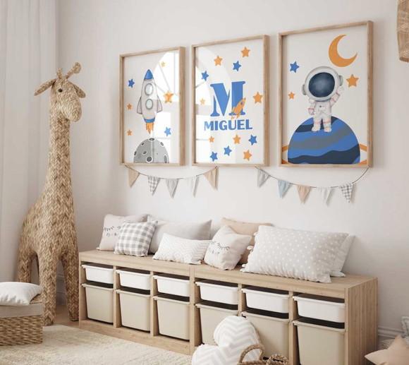 Kit 3 Quadros Decorativo Moldura Astronauta a Nome 34x44