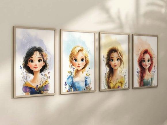 Kit 4 Quadros Decorativos Princesas Arte Moderna A4