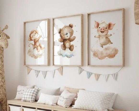 Kit 3 Quadros Decorativo Moldura Macaco Urso Porco A3