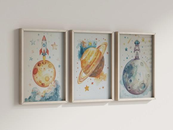 Kit 3 Quadros Decorativo Moldura Astronauta Infantil D