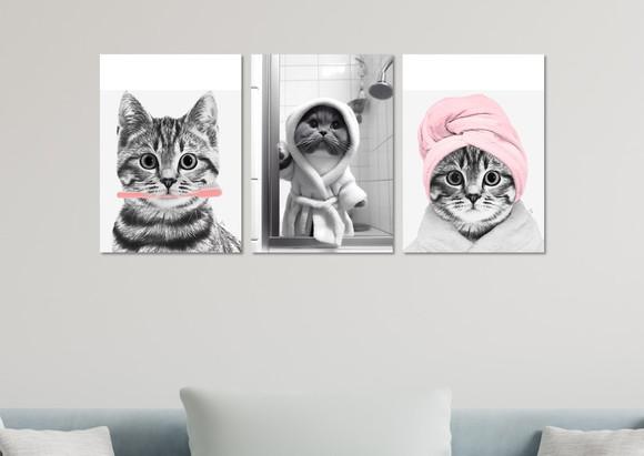 Kit 3 Placas Decorativas Quadro Gato Banho Banheiro Roupão