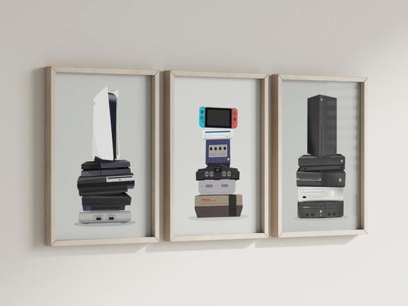 Kit 3 Quadros Decorativos Moldura Play Nintendo Xbox Console