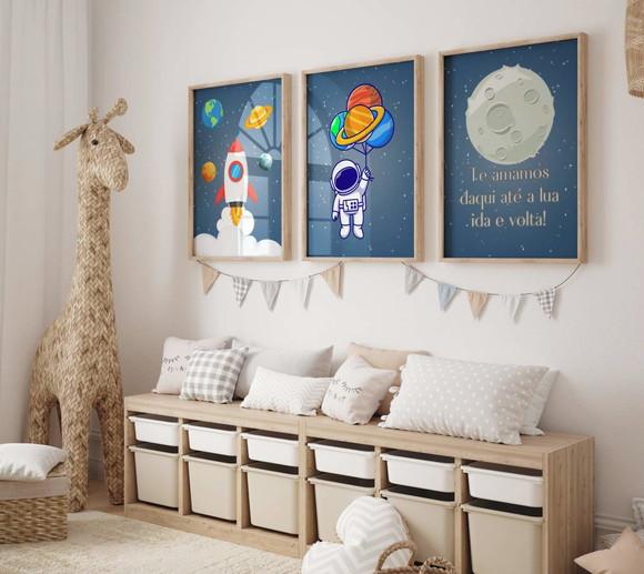 Kit 3 Quadros Decorativo Moldura Astronauta Infantil c