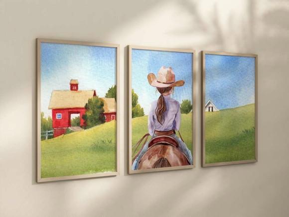 Kit 3 Quadros Decorativo Menina Aquarela Cavalo A4