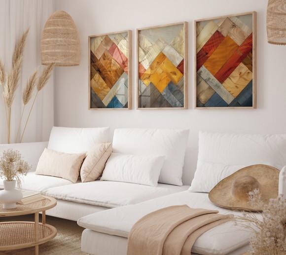 Kit 3 Quadros Moldura Arte Colorida Inspirada em Madeira A3