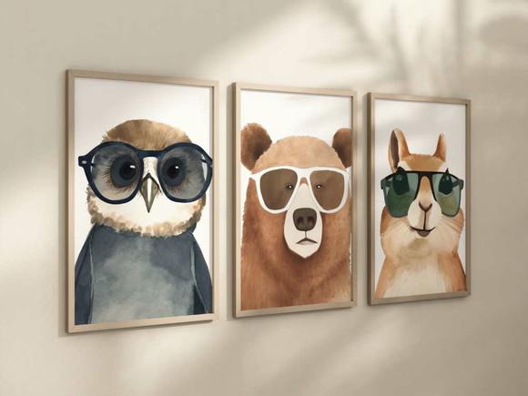 Kit 3 Quadros Decorativos Moldura Safari Óculos Aquarela A4
