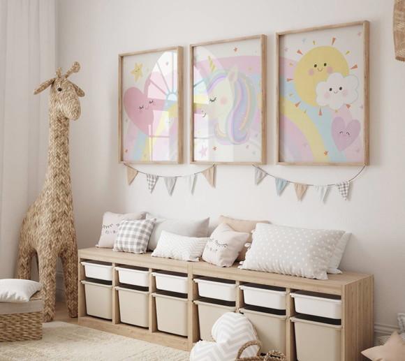 Kit 3 Quadros Decorativos Moldura Unicórnio Infantil A3
