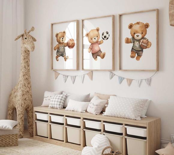 Kit 3 Quadros Moldura Ursinho Bola Berçário 34x44