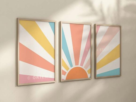 Kit 3 Quadros Boho Nascer do Sol Infantil Berçário