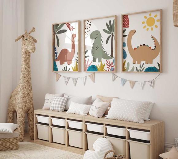 Kit 3 Quadros Decorativos Dinossauro Berçário A3 34x44
