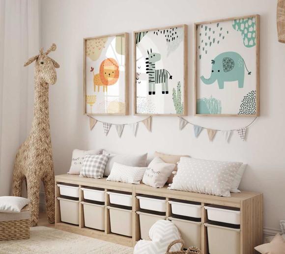 Kit 3 Quadros Decorativos Moldura Bebe Safari Berçário A3