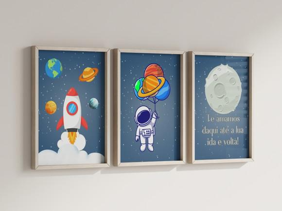 Kit 3 Quadros Decorativo Moldura Astronauta Infantil c