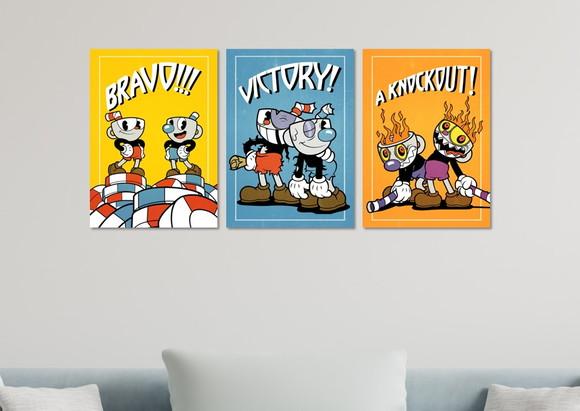 Kit 3 Placas Quadros Decorativos Cuphead Gamer