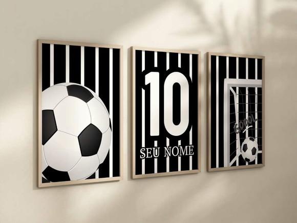 Kit 3 Quadros Decorativos Futebol Nome Preto Branco A4