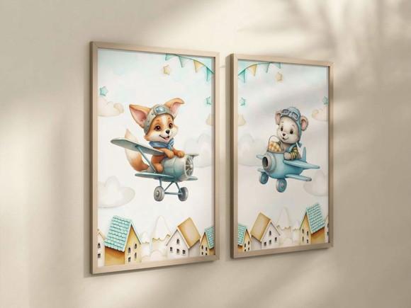 Kit 2 Quadros Decorativo Moldura Animal Fofinho Avião