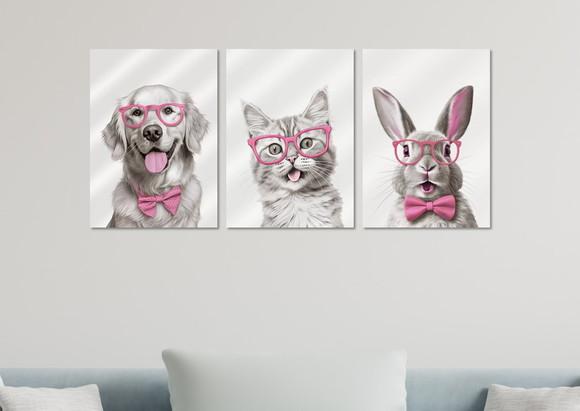 Kit 3 Placas Decorativas Quadro Cachorro Gato Coelho Óculos