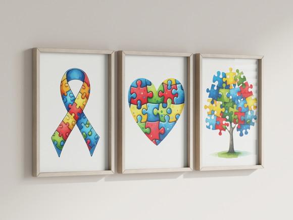 Kit 3 Quadros Decorativos Moldura Consciência Autismo Decora
