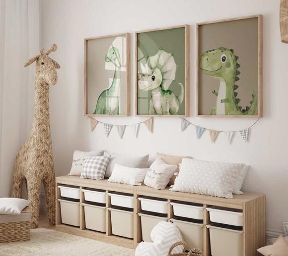 Kit 3 Quadros Decorativos Dinossauro Berçário A3 34x44