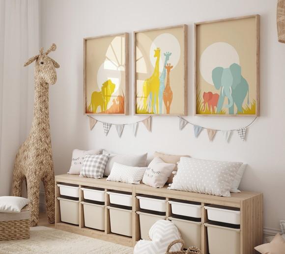 Kit 3 Quadros Decorativos Moldura Safari Infantil A3
