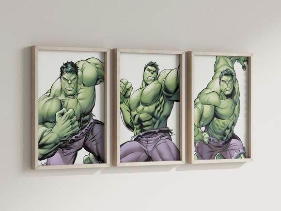 Kit 3 Quadros Decorativos Moldura Hulk Super-herói