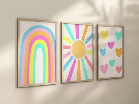 Kit 3 Quadros Decorativo Boho Coração Sol Arco-iris B