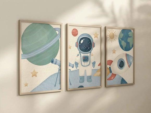 Kit 3 Quadros Decorativo Moldura Astronauta a Infantil 24x34