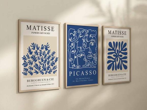 Kit 3 Quadros Decorativos Moldura Matisse Picasso Azul A4