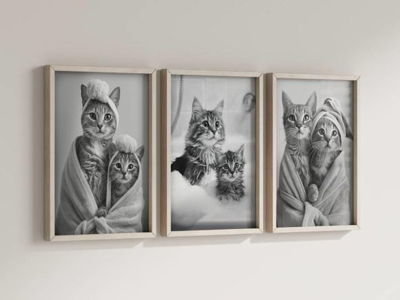 Kit 3 Quadros Decorativos Moldura Gatos Banho Banheiro