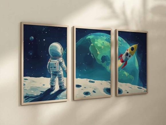 Kit 3 Quadros Decorativo Moldura Astronauta a Infantil A4