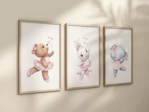 Kit 3 Quadros Decorativos Moldura Safari Menina Bailarina