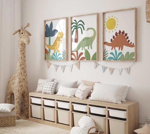 Kit 3 Quadros Decorativos Dinossauro Berçário A3 34x44