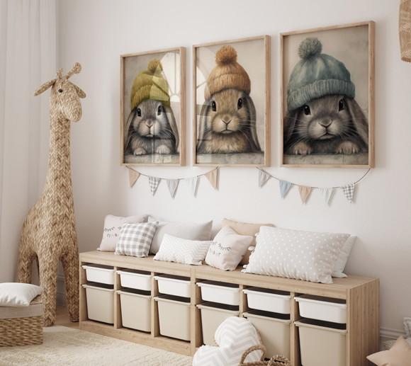 Kit 3 Quadros Decoração de Berçário Coelho Fofo Infantil A3